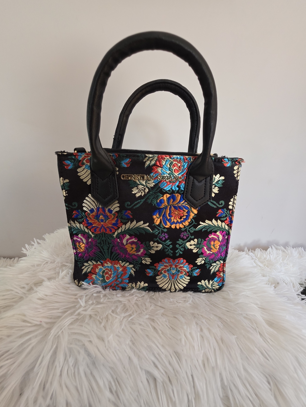 Christian Siriano Black Mini Tote with Multicolor Floral Embroidery